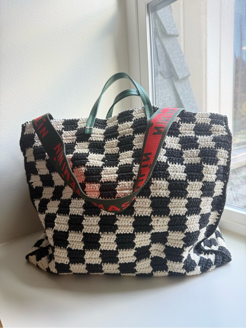 Clare V. Woven Checkerboard Tote with Red Logo Strap and Green Handles